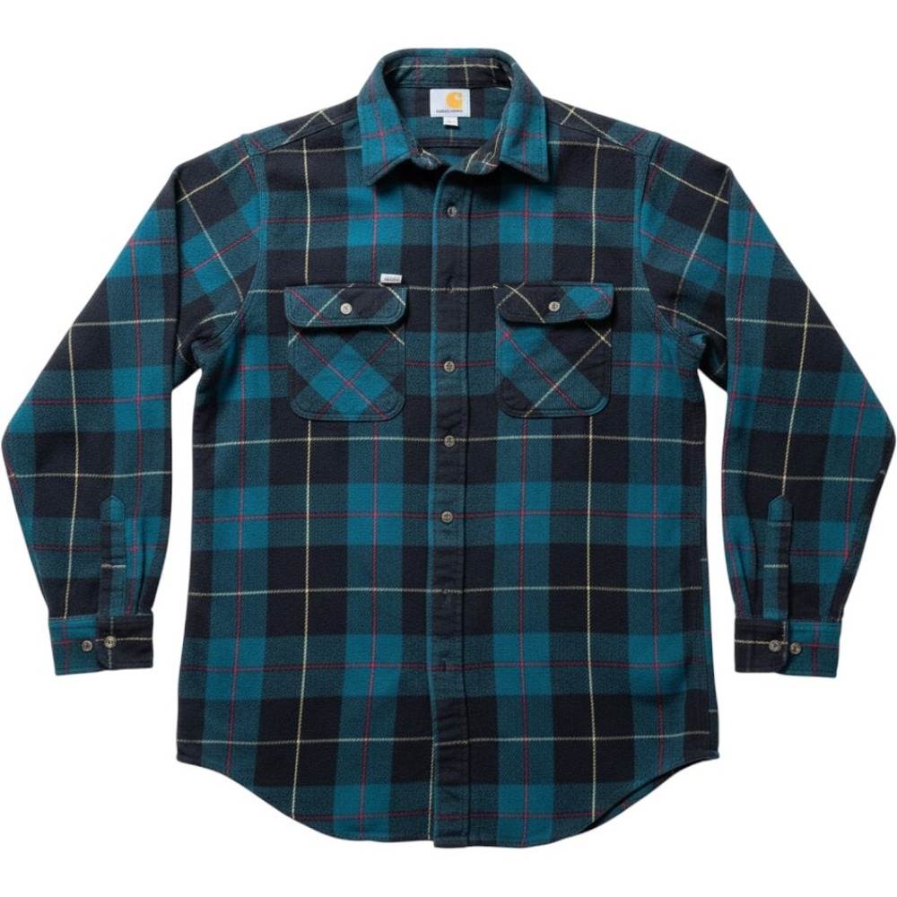 Vintage 90s Carhartt Tall Plaid Flannel Shirt Teal Black Distressed Workwear